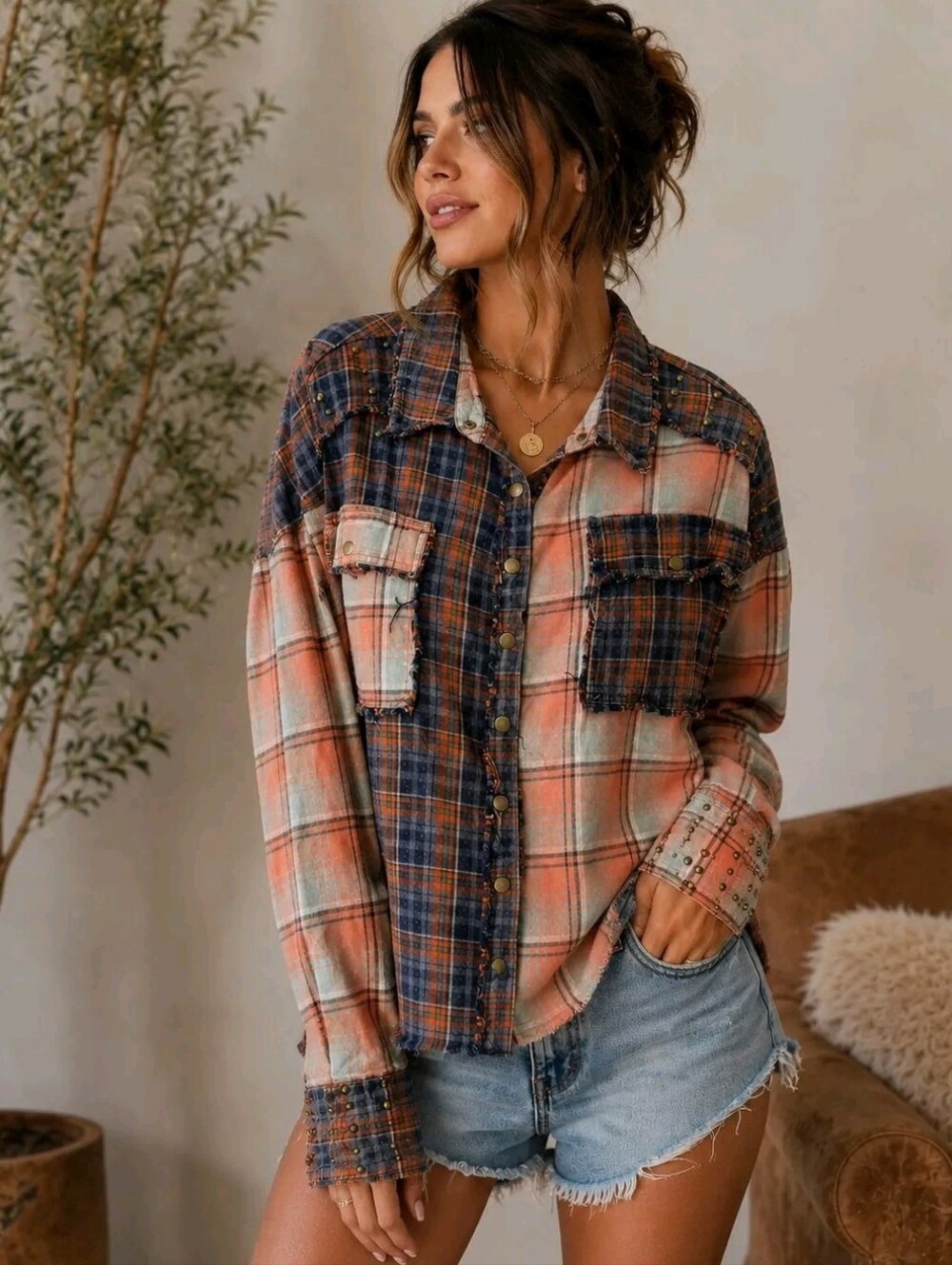 Oli & Hali Mixed Boho Distressed Plaid Button Down Size: Large